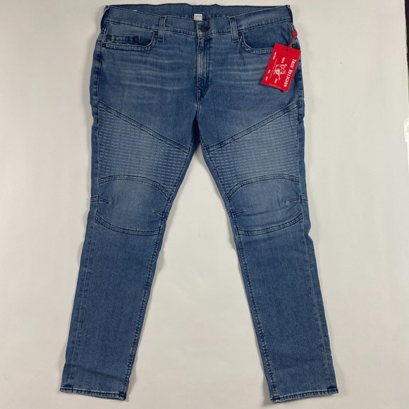 NWT True Religion Rocco Moto No Flap Relaxed Skinny Jeans Mens 44 Trophy Blue - Picture 1 of 15